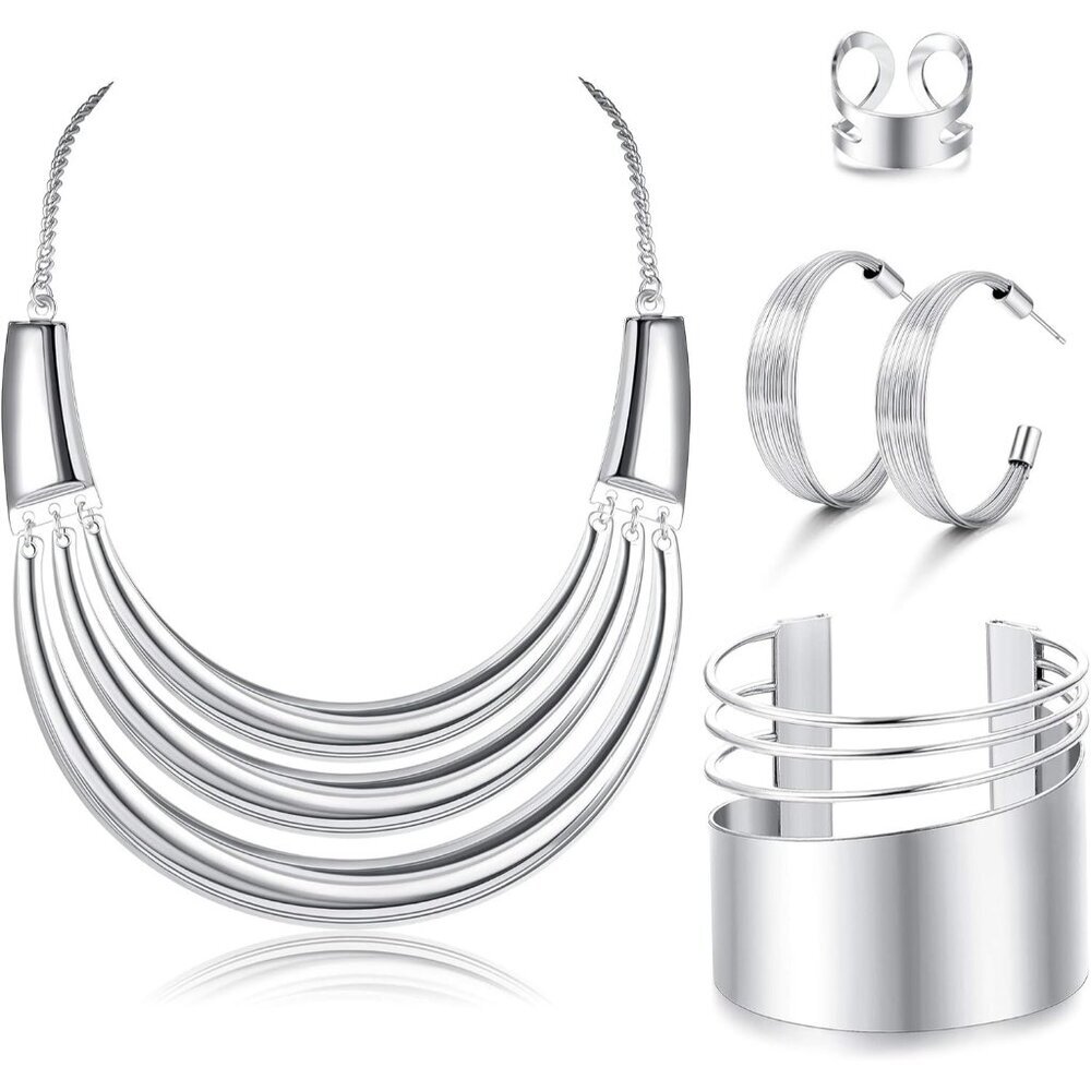 Elegant Silver Choker Necklace & Jewelry Set with Adjustable Ring & Earrings